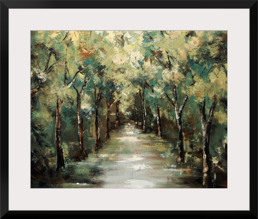 Contemporary landscapes scene of a path running through a vibrant and verdant forest.