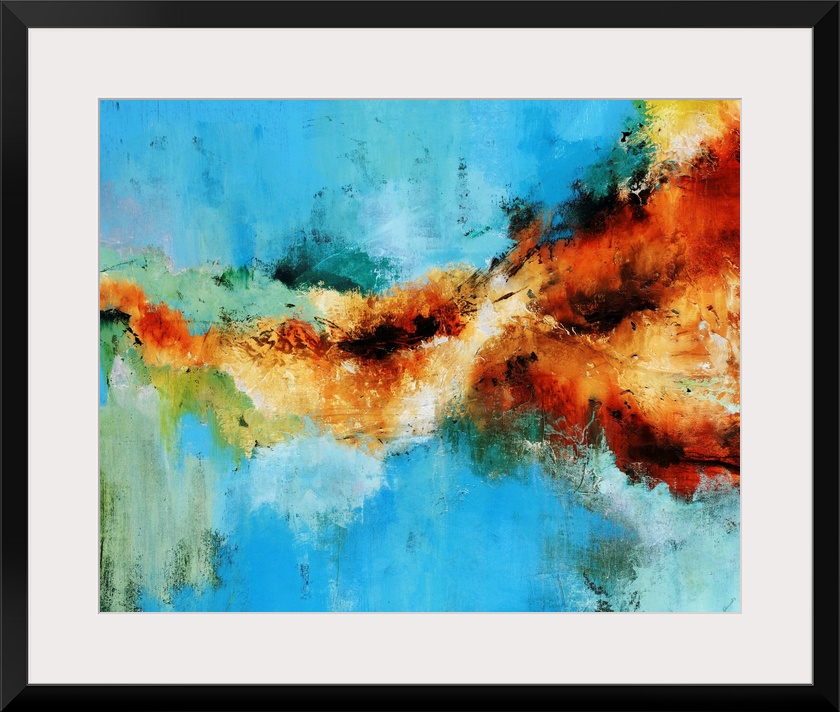 Large abstract painting with warm colors splattered against cool tones.