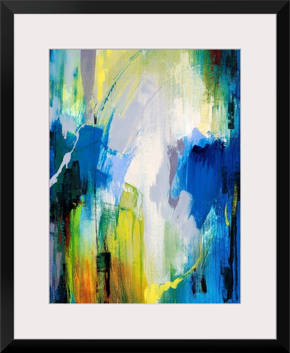 Contemporary abstract painting with bright, cool strokes of color great for home or office docor.