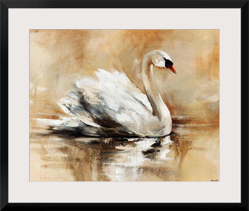 Abstrated painting of a beautiful swan floating gracefully atop a lake.