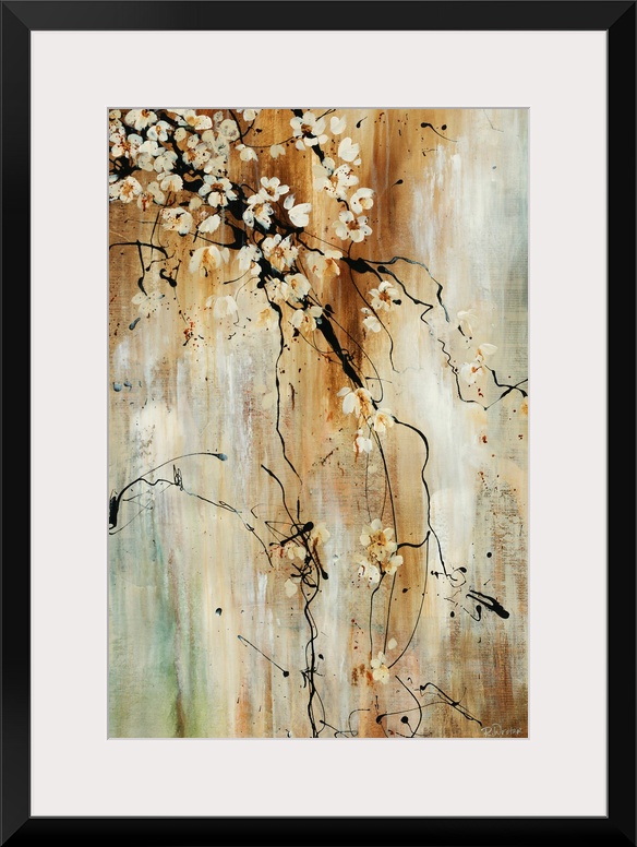 Painting of flower covered tree branches against an abstract background. The branches are free flowing and look like paint...