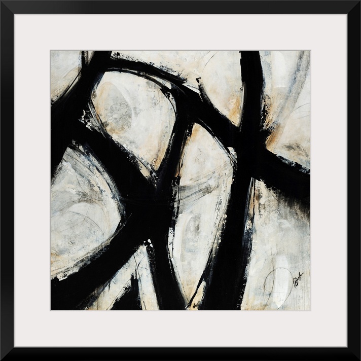 Contemporary abstract painting of black brush strokes over a netural background.