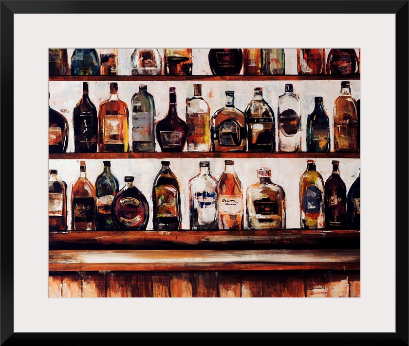 Contemporary painting of shelves of liquor in a bar setting.