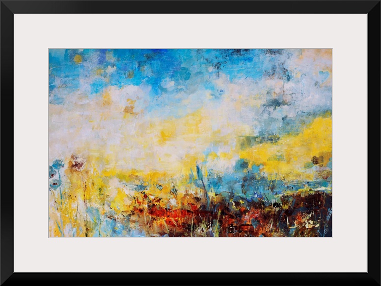 Abstract landscape painting in lemon yellow and bright blue.