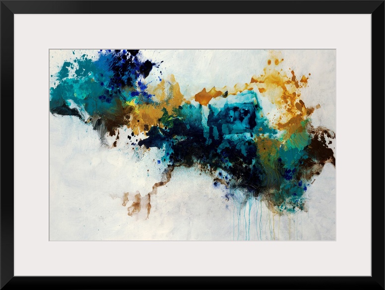 Contemporary abstract painting of a huge splatter in teal, blue and golden yellow hues crossing the compositional horizont...