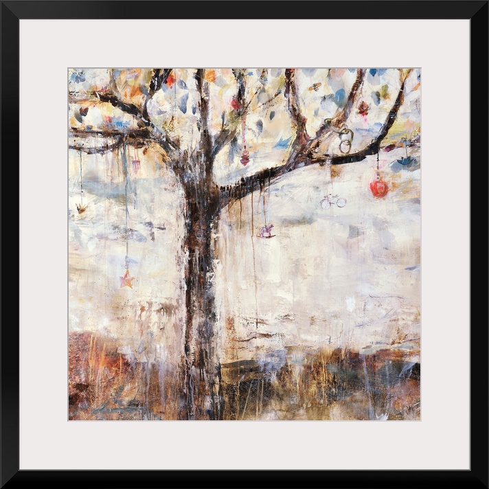 Abstracted painting of a tree with various  charms and bobbles hanging from its branches.