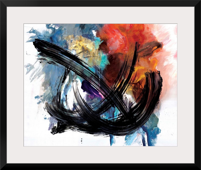 Contemporary abstract artwork in bright, fiery colors with broad black strokes across the center.