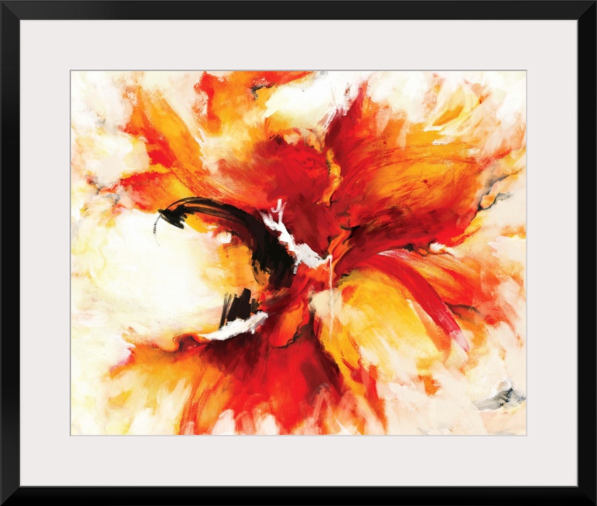 A contemporary abstract painting of a fiery explosion of red and orange with bursts of yellow like a phoenix rising from i...