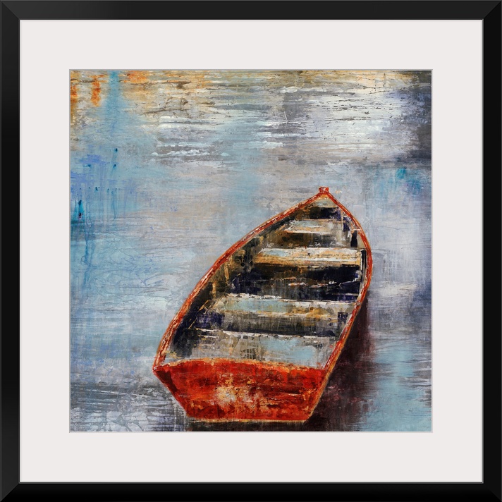 Textured painting of an empty rowboat sitting in calm water at sunset.