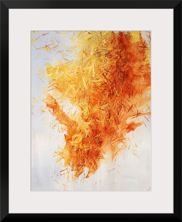 Abstract art of a large cluster of pine needles in golden warm tones on a light neutral background.