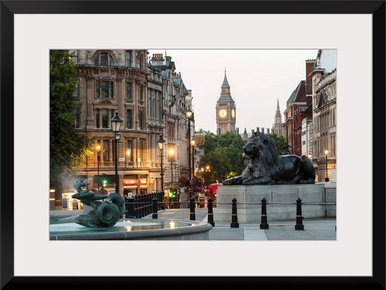 Photograph of the lions at Trafalgar Square with Big Ben in the background, London, England