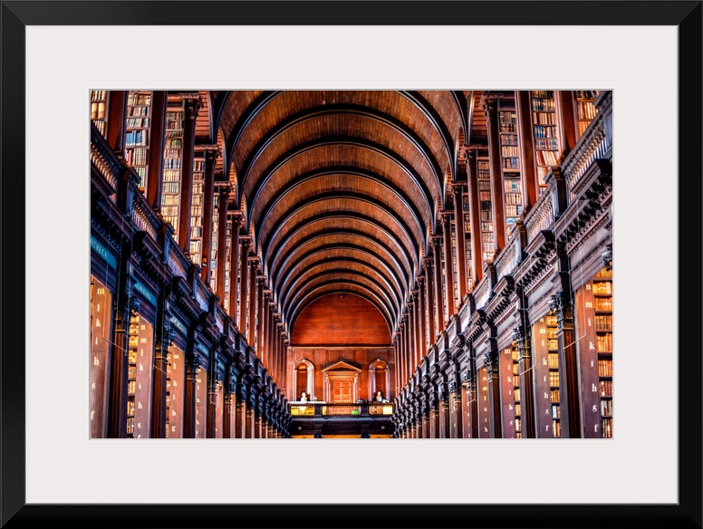 Photograph of the arched wooden ceilings of Trinity College Library, which serves Trinity College and the University of Du...