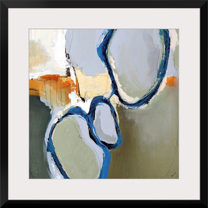 Contemporary painting of several circular shapes surrounded by blue brushstrokes, on a background of earth tones with a wa...