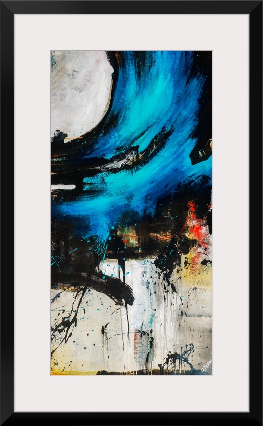 Vertical abstract painting of a large, dark, swirling wave of paint that is splattered on the edges, on a light background...