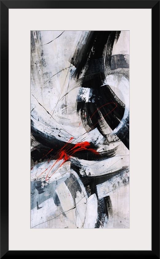 Contemporary abstract painting of various long and thick brushstrokes on top of a neutral background.