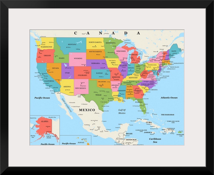 Large color map of the United States of America with a classic font.