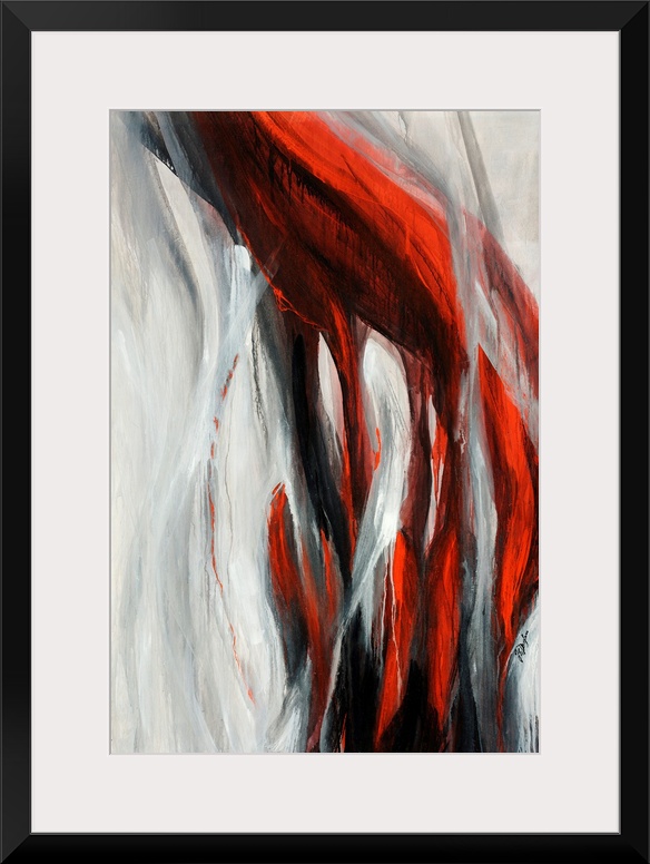 Contemporary abstract painting featuring long trailing strokes, resembling a hand under a hanging veil.