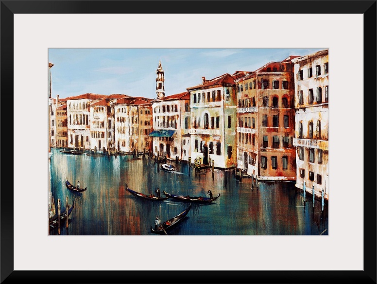 Contemporary painting of gondolas on the Grand Canal in Venice, Italy.