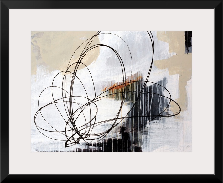 Horizontal abstract art work of layered paint textures with rapid, circular shapes drawn in this line art on top.