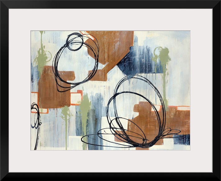 Abstract painting of circles and various other shapes on canvas.