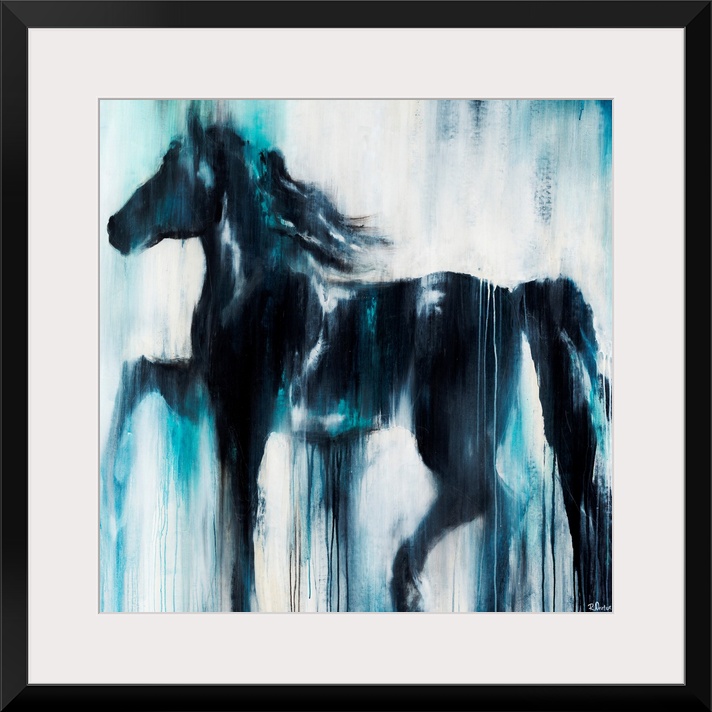 Giant, horizontal painting of a silhouetted profile of a horse on a light background. The entire image appears as if it be...