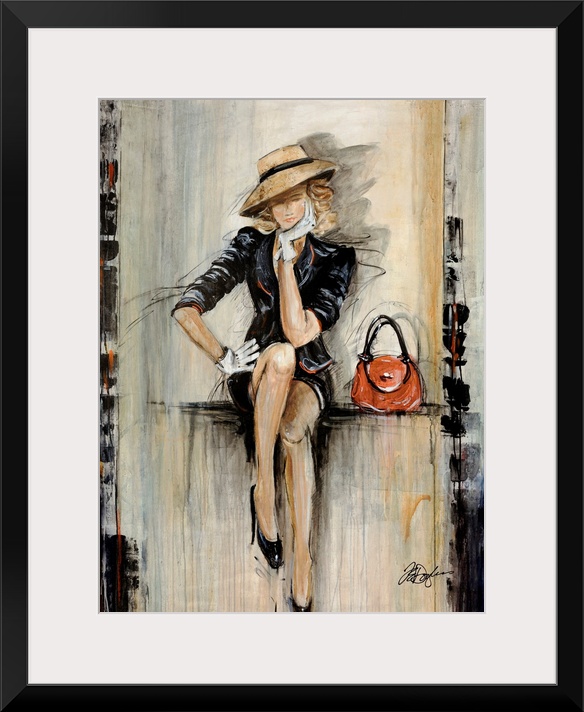 Vertical, figurative art on a big canvas of a woman in a fashionable dark dress and hat, with gloves and high heels, sitti...