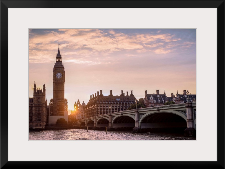 Panoramic photograph of the Westminster Bridge over the River Thames and Big Ben at sunset, Westminster, London, England, UK