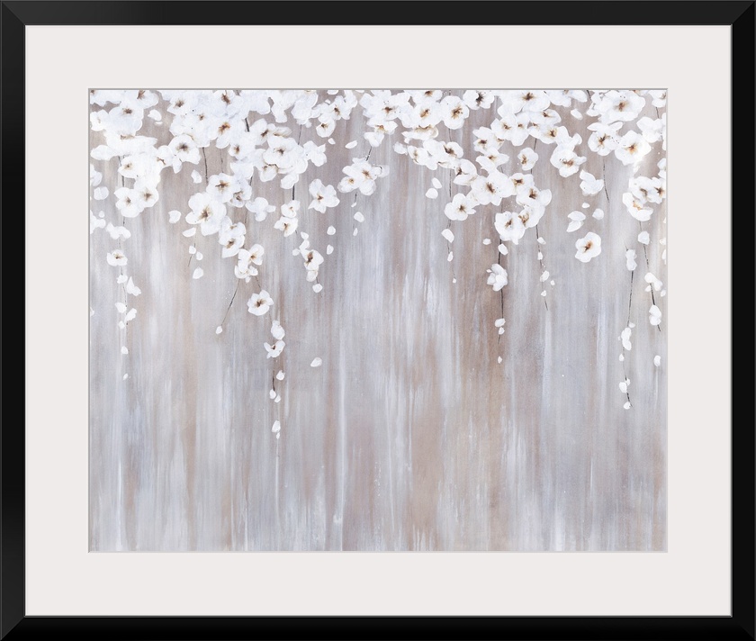 Contemporary abstract painting using light earthy tones with cascading flowers from the top of the frame.