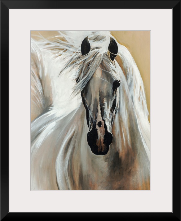 Contemporary painting of a horse galloping with its bright mane and tail flowing behind it.