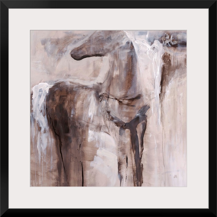 Abstract painting of a figure of a horse fading into the background of earthy tones.