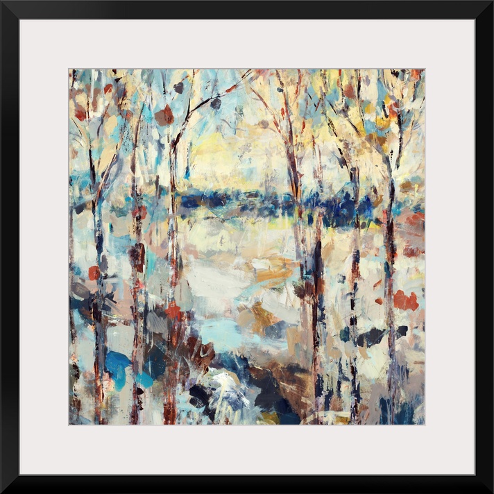 A dramatic abstract painting of a path through a forest on square shaped wall art.