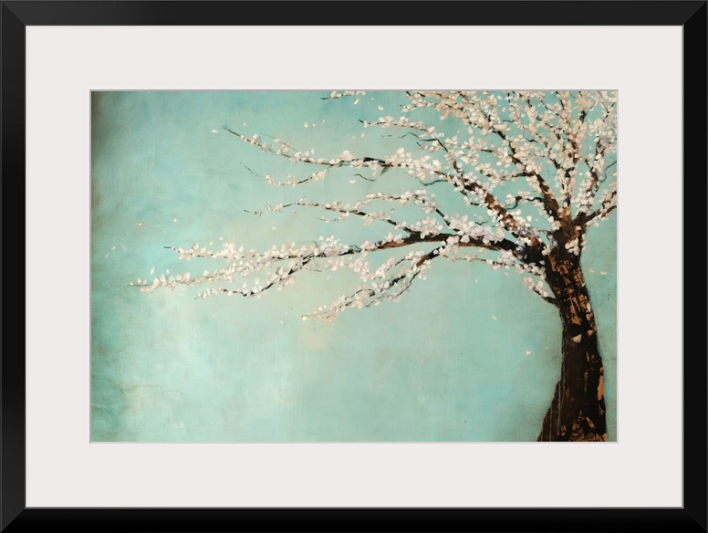 Painting of a tree full of blooming flowers swaying in the wind against a cool background.