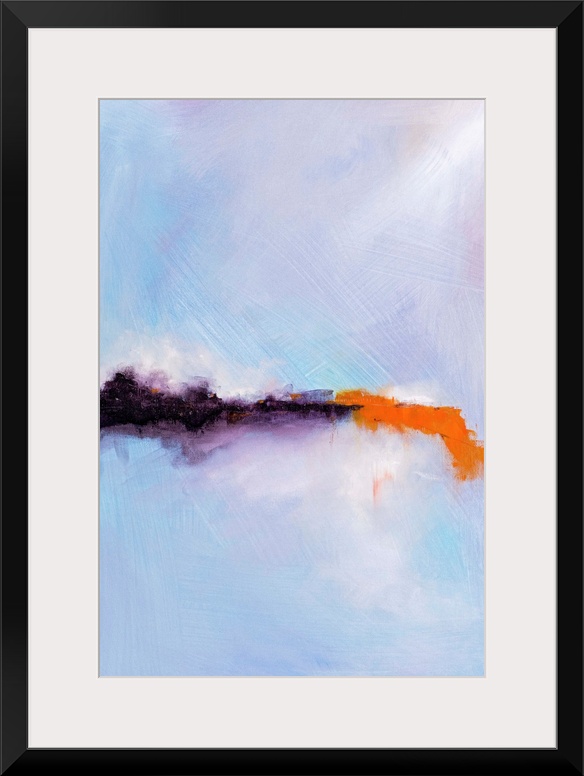 Contemporary abstract artwork in shades of pastel blue and lavender, with a bright pop of orange.