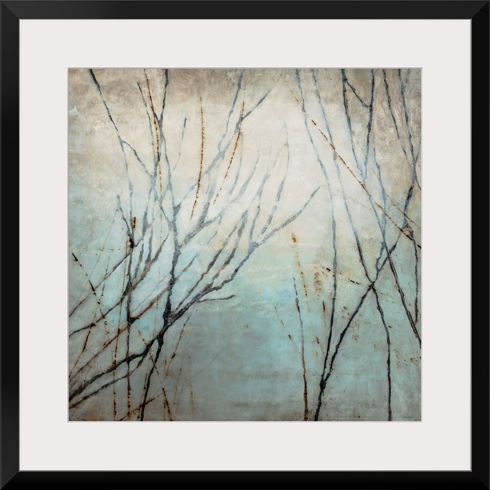 Painting of tree limbs on top of a grungy backdrop on a square canvas.