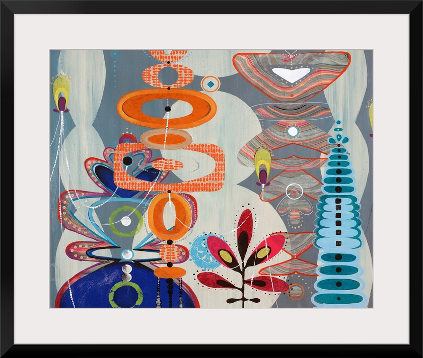 Fun, contemporary painting of eclectic shapes and patterns, reminiscent of the iconic candy factory tale.