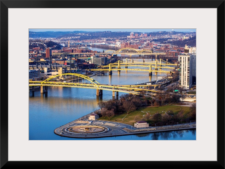 Photo of Fort Duquesne Bridge, Three Sisters Bridges, and David Mccullough Bridge with Point State Park.