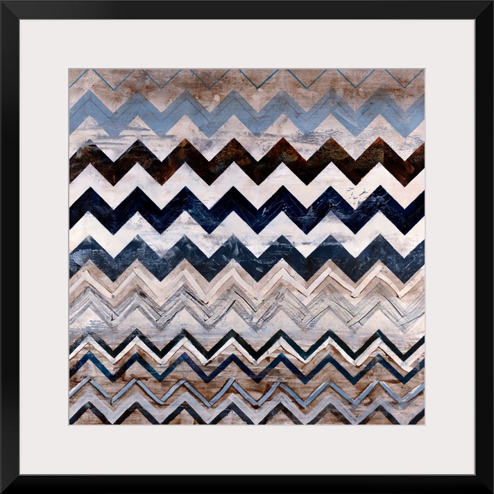 Abstract contemporary painting of a triangular pattern done in neutral earth tones on a square canvas.