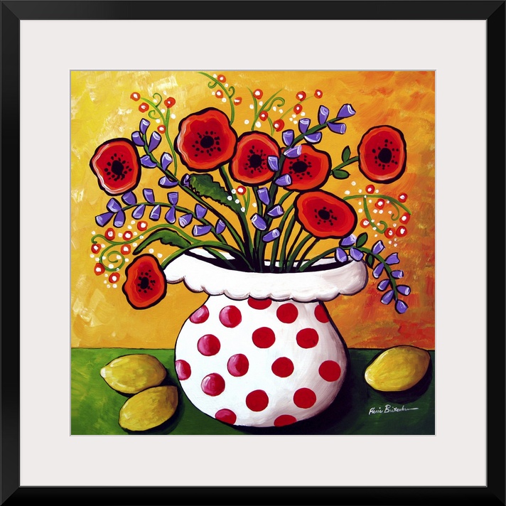 Fun, colorful floral with red Poppies and lemons.