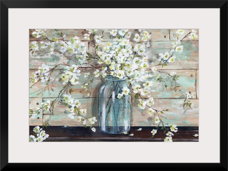 A decorative painting of a glass mason jar full of white blossoms in subdue tones.