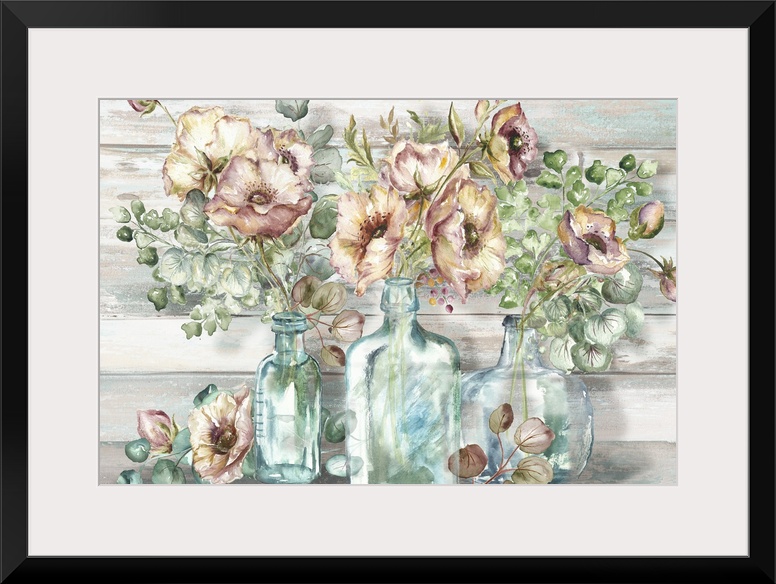 A decorative watercolor painting of a glass mason jar full of poppy and eucalyptus in subdue tones.