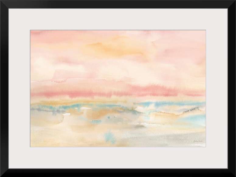 Square abstract watercolor painting in blurred brush strokes of muted tones of pink, blue and green.