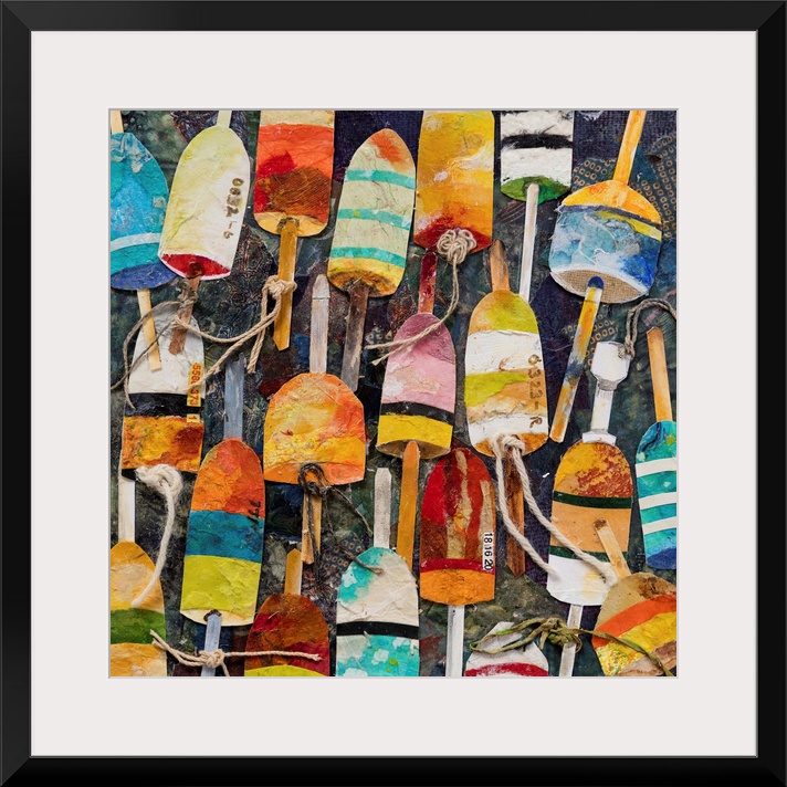 A mixed media painting of water buoys in bright, multiple colors with rope on a dark backdrop.