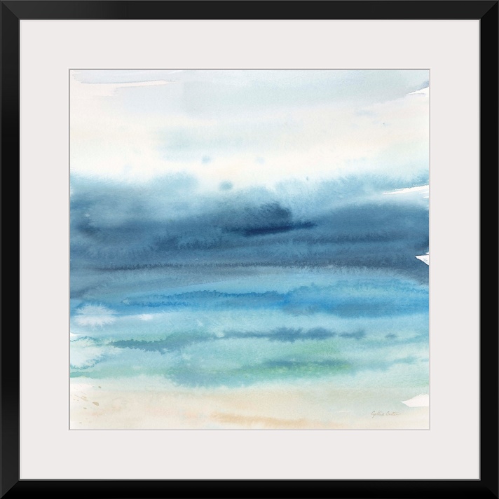 Contemporary abstract watercolor of horizontal strokes of paint fading into each other.