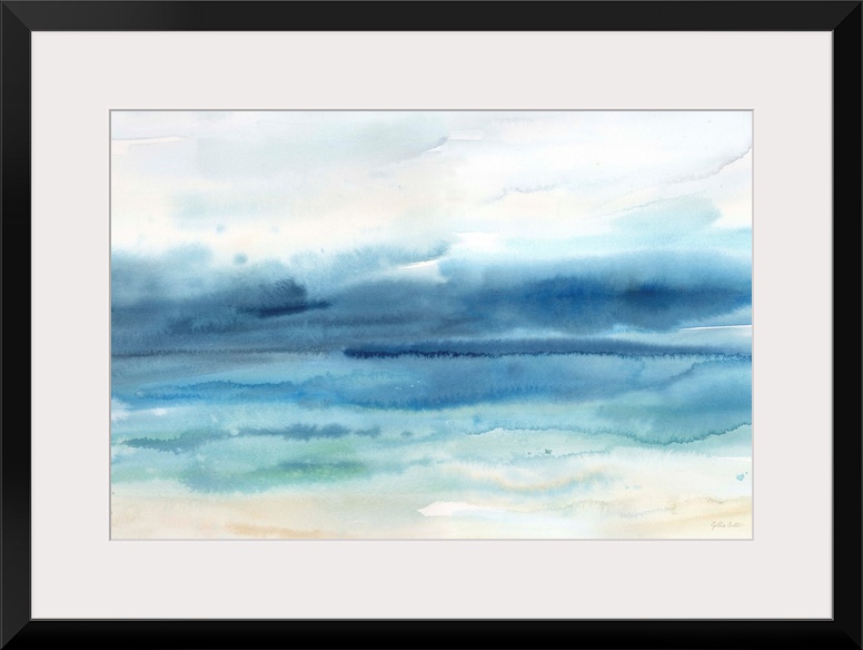 A watercolor painting of an abstract seascape in muted tones of blue.