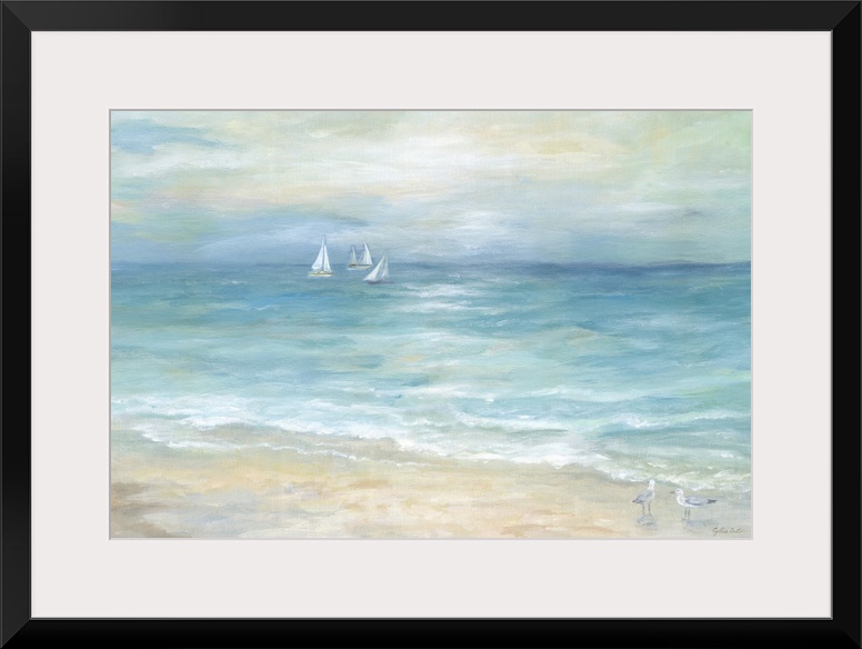 A contemporary painting of a seascape with sailboats off in the distance and shorebird walking along the beach.