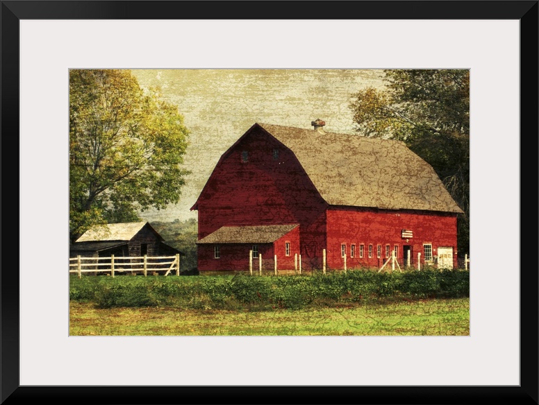 Image of a large red barn framed by trees with a vintage, distressed overlay.
