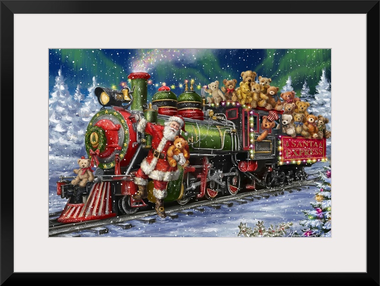 Decorative image of a green and red Santa Express train full of Teddy Bears with Santa riding in the front as the train go...