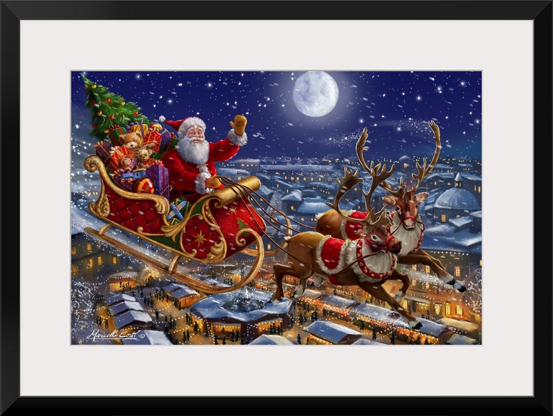 A traditional image of Santa riding his sleigh of reindeer over a town lit up with lights.
