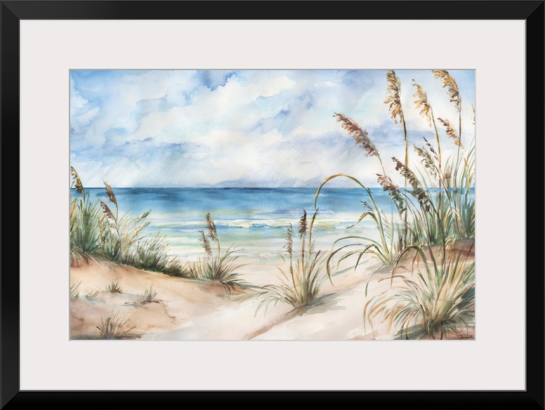 A contemporary watercolor painting of grass cover sand dunes on a beach with a blue sky above.