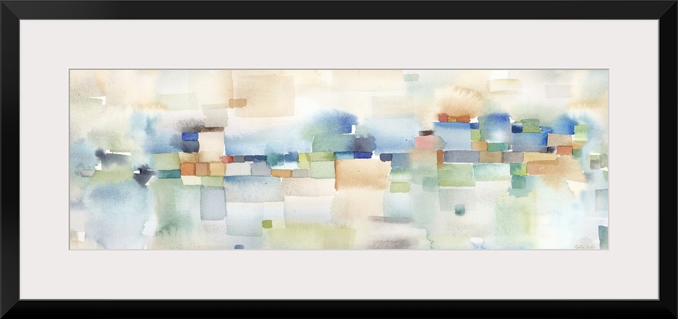 Horizontal abstract watercolor painting in blurred square shapes in muted tones of brown, blue and green.